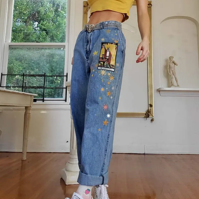 Women Loose Baggy Indie Aesthetic Jeans Mom Jeans 2023 New Casual Fashion People Print Denim Pants Womens All Match Clothing