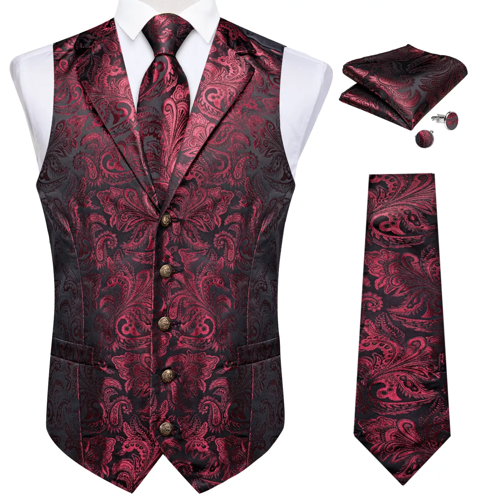 

NEW IN Designer Men's Suit Vest Red Paisley Wedding Party Silk Waistcoat Neck Tie Handkerchief Cufflinks Gilet Men Clothing
