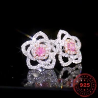 hoyon inlaid pink diamond earrings luxury flower petal pink crystal earrings wholesale s925 silver color jewelry for woman