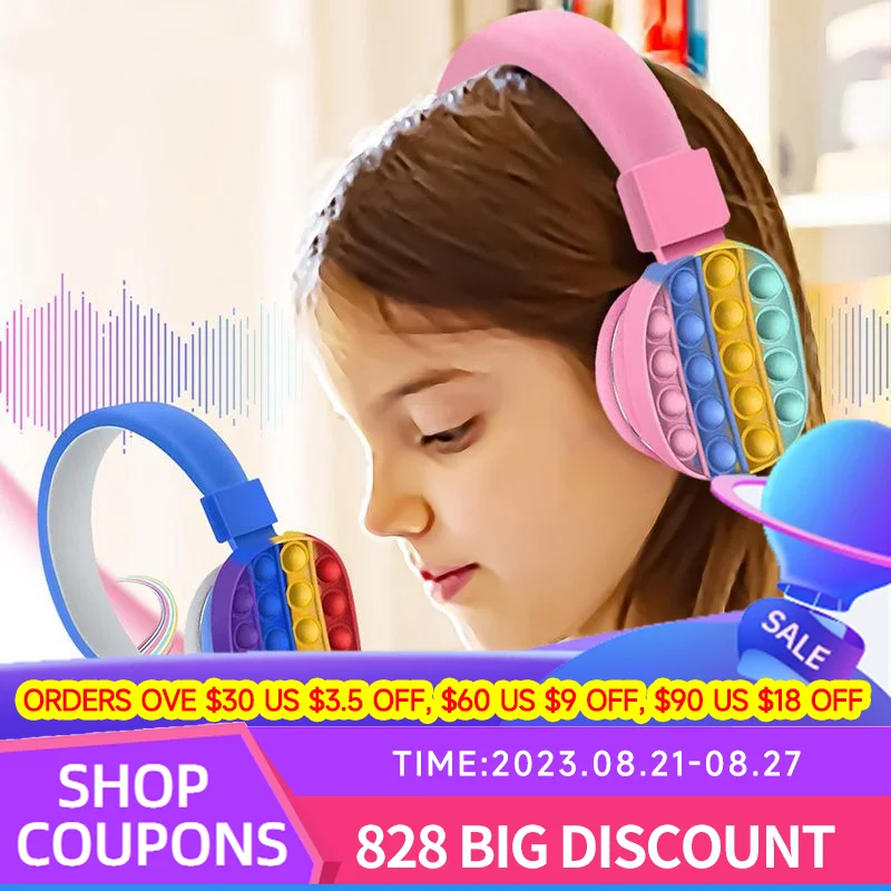 Rainbow Bluetooth Headphone Wireless Headset Silicone POP Fidget Toys Stereo Earphone With Mic Earbuds For Kids Children