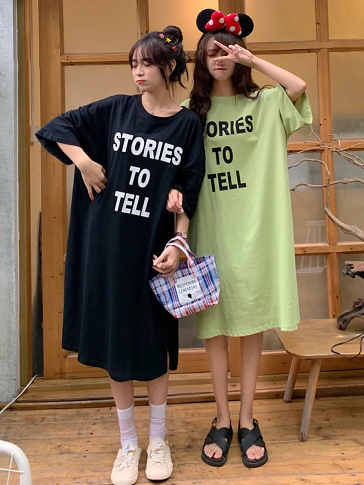 Anbenser Girlfriends Dress Women Summer Casual Loose Dresses Oversize Tunic Side Slit Solid T Shirt Letter Print Dress Clothing