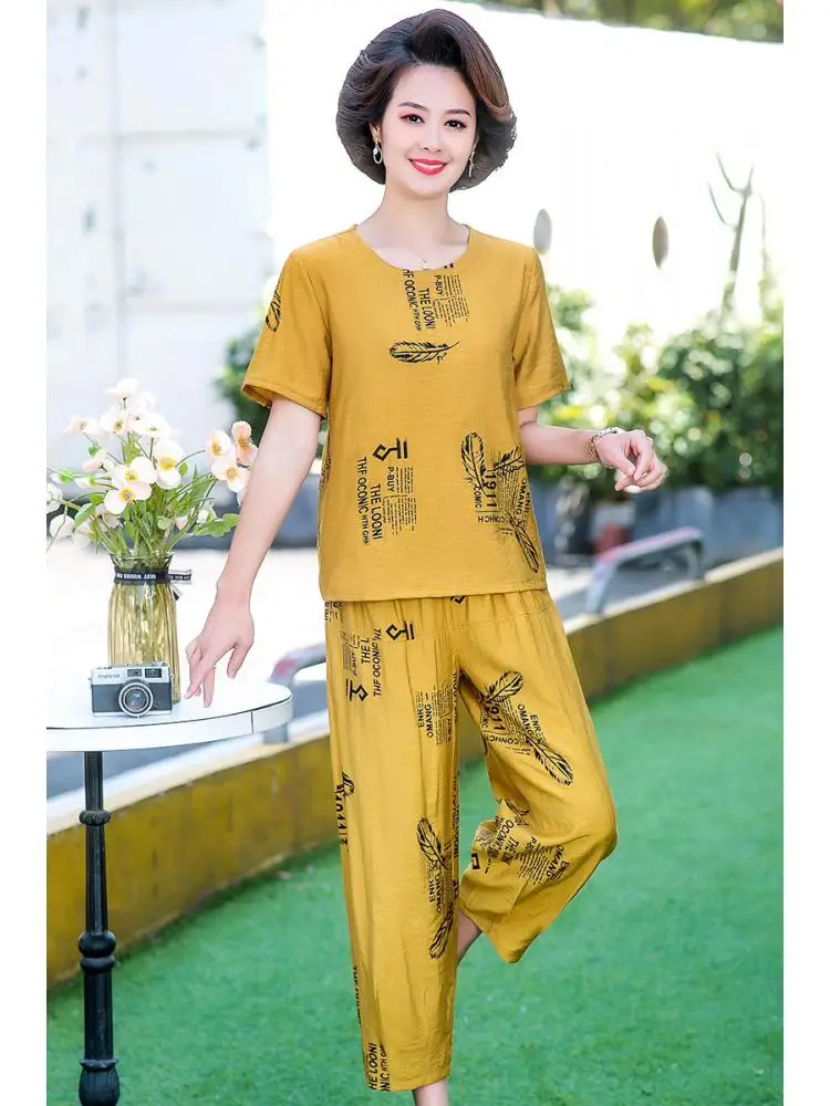 

Middle-aged Women 2 Piece Set Summer Clothing cotton Short Sleeve Print Tops and Pants Suits 5XL Two-piece