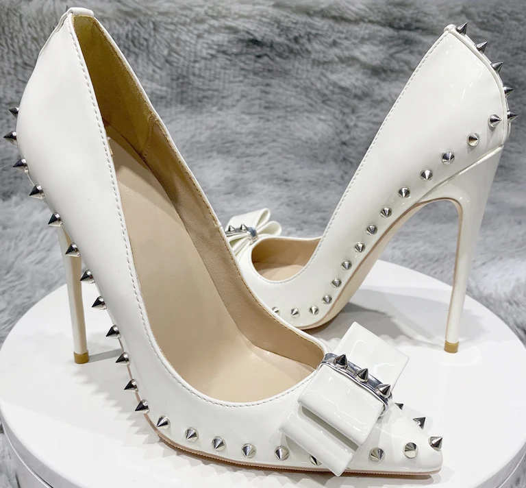 

white Rivet studded bow-knot patent leather white black 8cm 10cm 12cm heels pointed toe wedding party dress stiletto woman pumps