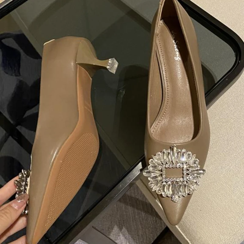 

Fashion Spring Women's Shoes Pointed Toe Shallow Nude Pink Diamond Ladies Mid High Shoes Low Heel Back Strappy Female Shoes