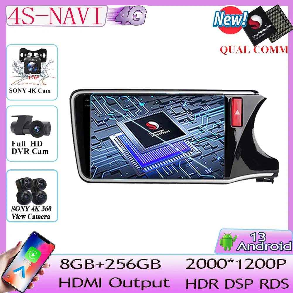 

Автомобильный видеоплеер Qualcomm Android 13 для Honda City Grace 2014-2017 мультимедийный GPS-навигатор стерео монитор 360 камера Carplay