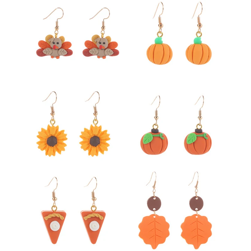 

Cute Handmade Soft Pottery Clay Pumpkin Turkey Drop Earrings for Women Maple Leaf Sunflower Earring Bijoux Thanksgiving Day Gift