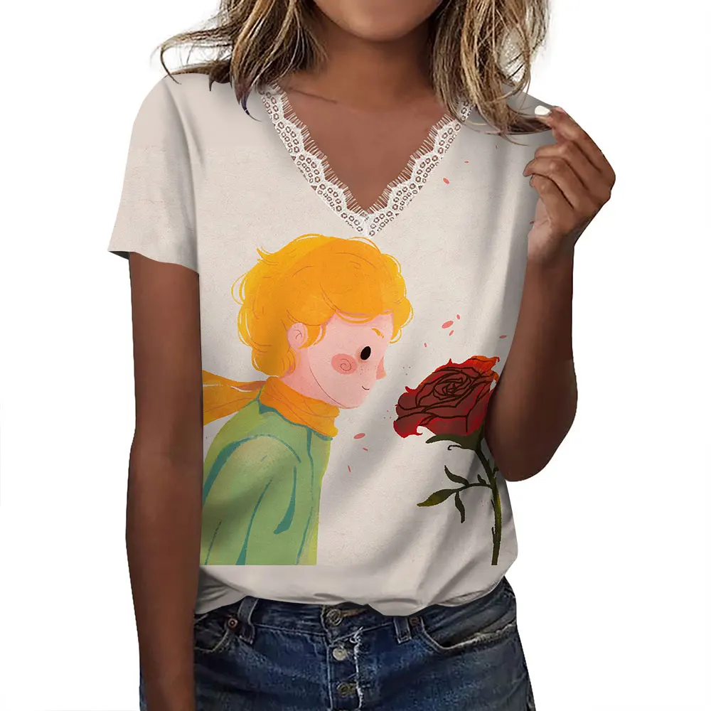 Женский топ с коротким рукавом и V-образным вырезом 3D-принтом