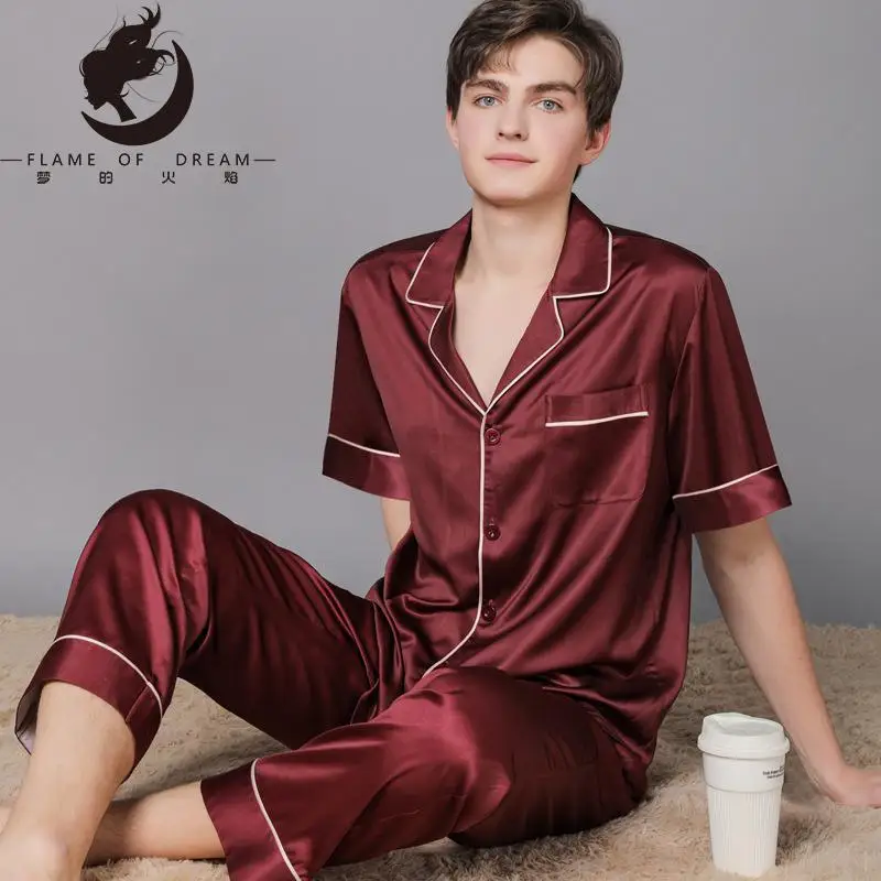 Flame Of Dream New Spring And Autumn Silk Pajamas  Ice Silk Men's Pajamas Home Clothes  Large Suit 221042