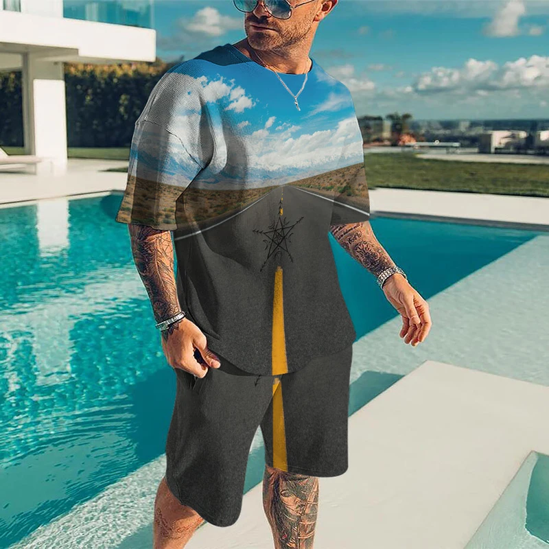 Summer men's casual street beach shorts set 3D printing color sports landscape pattern round neck street short sleeve two-piece