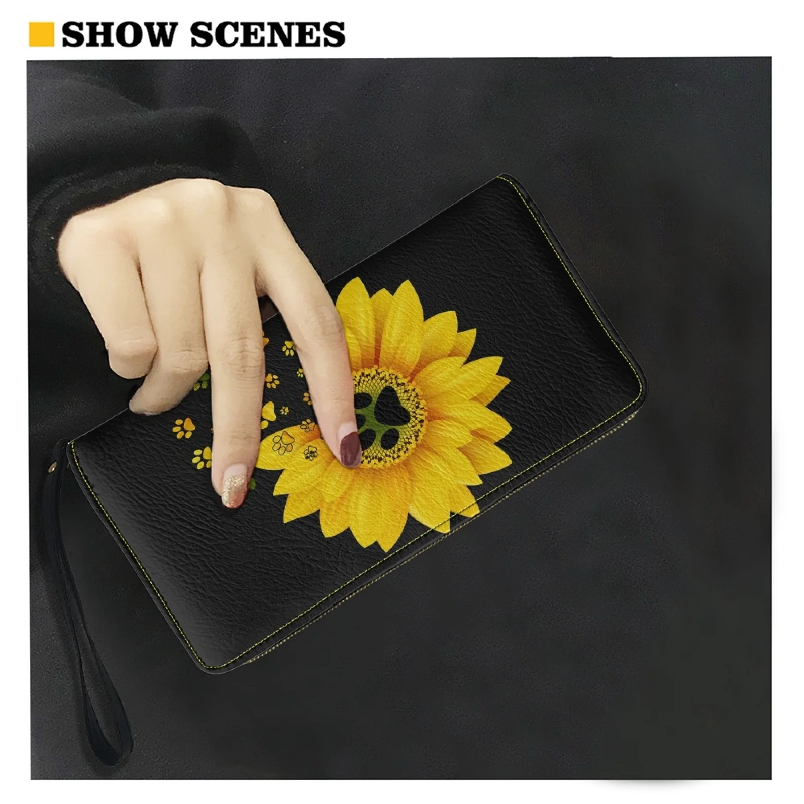 Belidome Sunflower Dog Footprint Women Wristlet Wallet Soft Leather Zip Long Purse RFID Blocking Card Holder Clutch Organizer