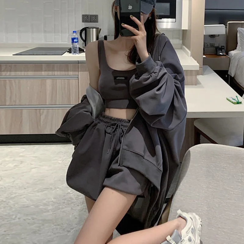 

Women Spring Autumn Sweatset One Size Tracksuit Ladies New Fashion Sport Clothing Solid Shorts+Hoodies 3 Piece Suit Sweatshirt