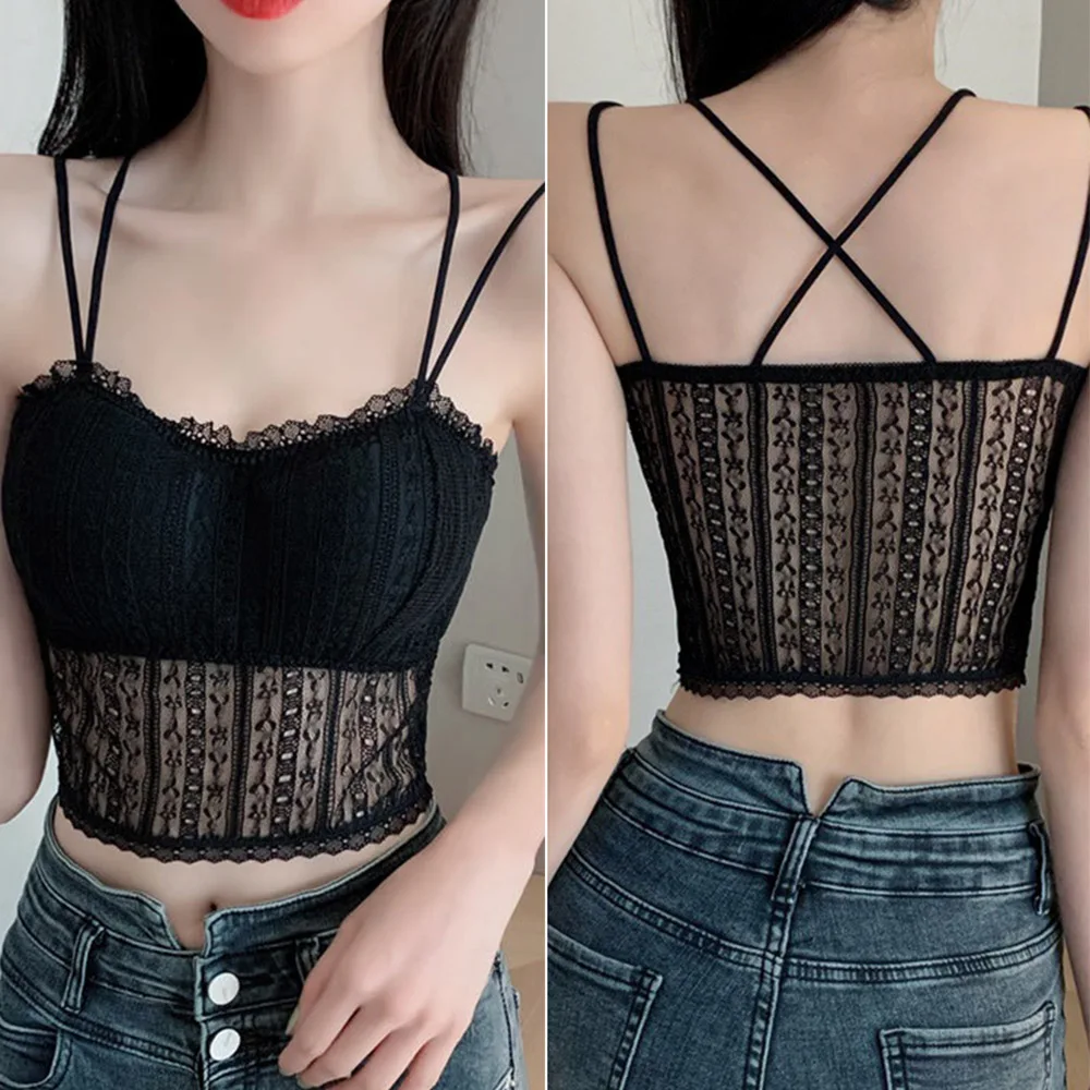 

Summer Lace Wrapped Chest Camisoles Comfortable Underwear Ladies Crop Top Camisole Black White Women Anti-empty Bra Lingerie