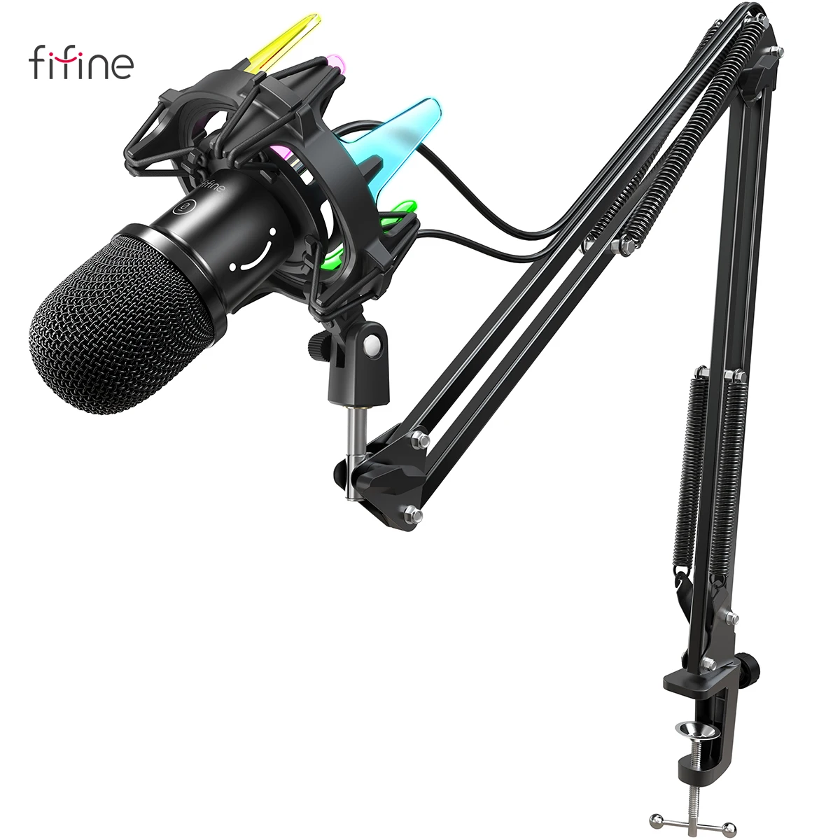FIFINE USB Dynamic Microphone Kit with Boom Arm,RGB Shock Mount,Cardioid Mic Set for Game Podcast Stream for PC PS4 PS5-K651