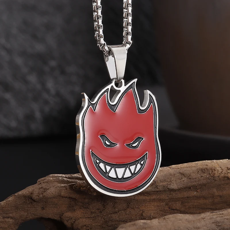 

Stainless Steel Flame Little Devil Pendant Necklace Simple Painted Oil Fire Men's Street Personality Trend Jewelry Gift