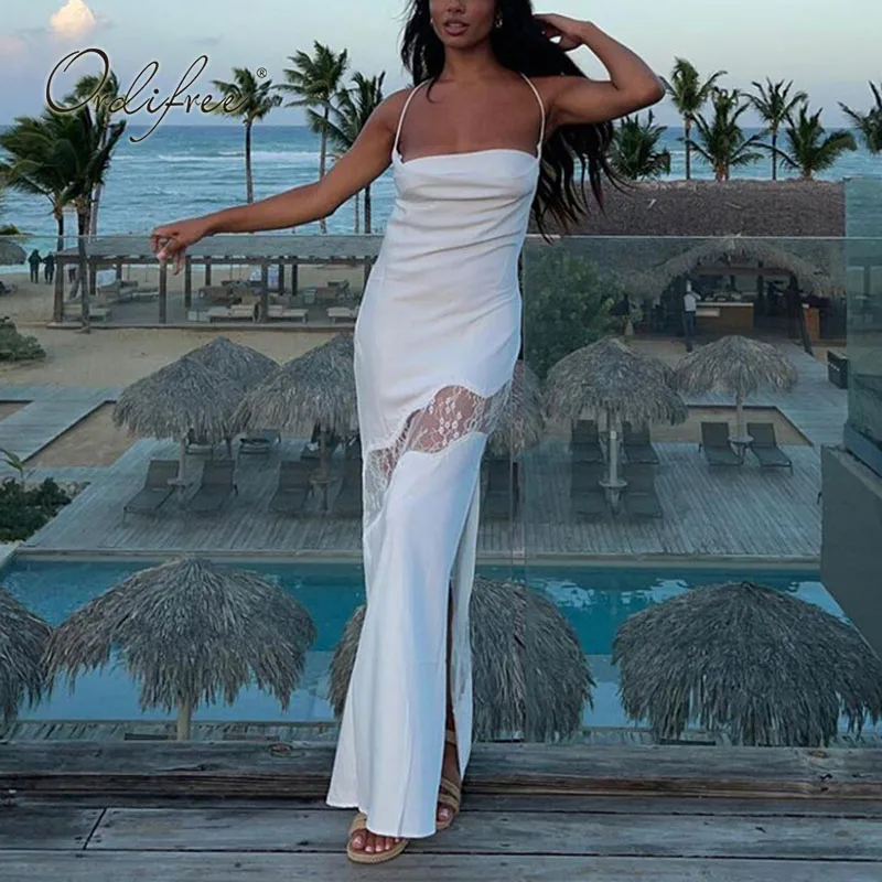Женское длинное атласное платье Ordifree белое кружевное платье-макси с разрезом