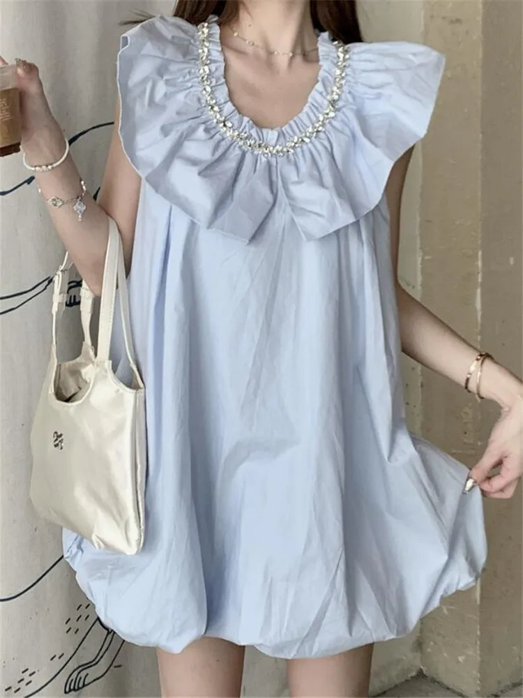 

Summer Chic Cute Design Beads Mini Dress Celebrity Small Girl Casual Loose Party Dress Ruffles Sleeveless Blue White Fairy Dress