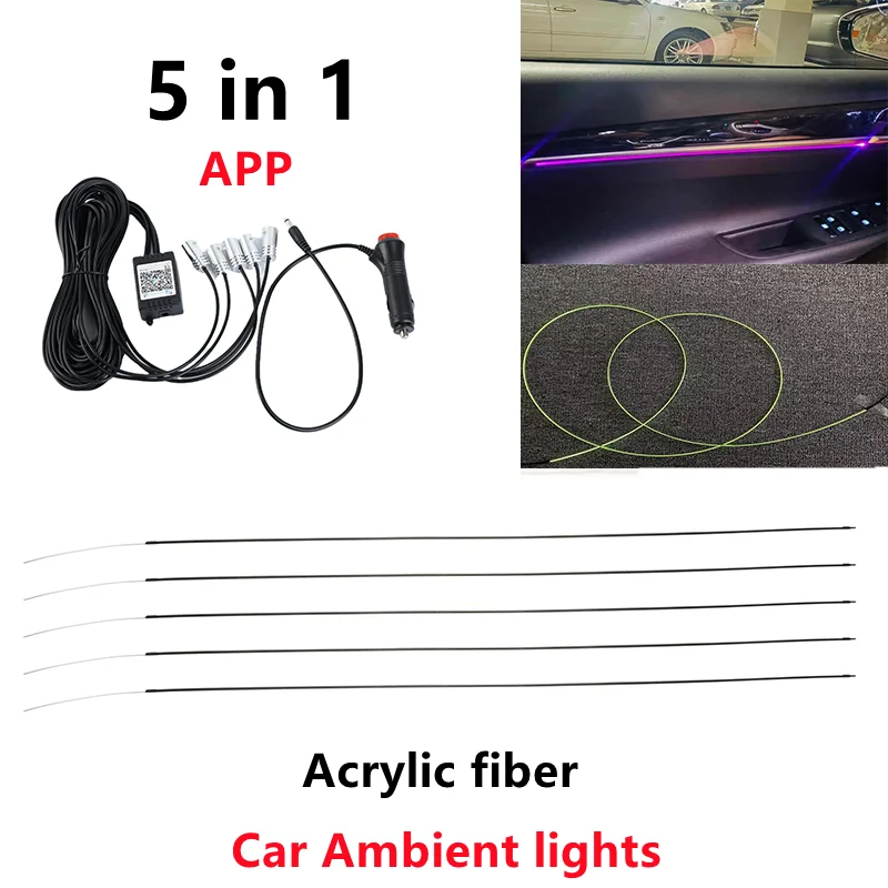 

Светодиодсветодиодный Атмосфера RGB 5 в 1, комплект для освещения салона автомобиля, оптоволоконные ленты светильник помощью приложения, муз...