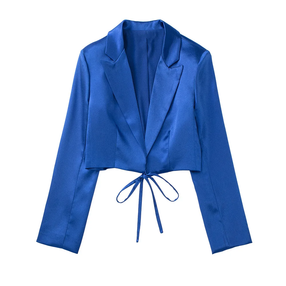 

PB & ZA2022 summer new women's fashion elegant lapel lace-up silk satin texture long sleeve short suit coat shirt