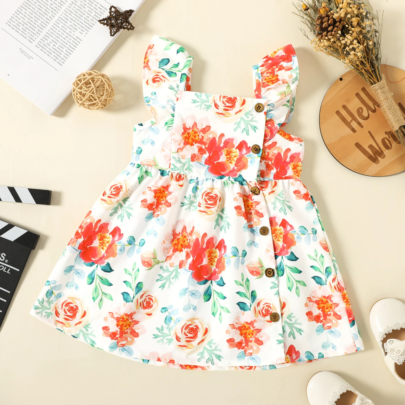 

PatPat Baby Girl 100% Cotton Solid or Allover Floral Print Flutter-sleeve Button Front Dress