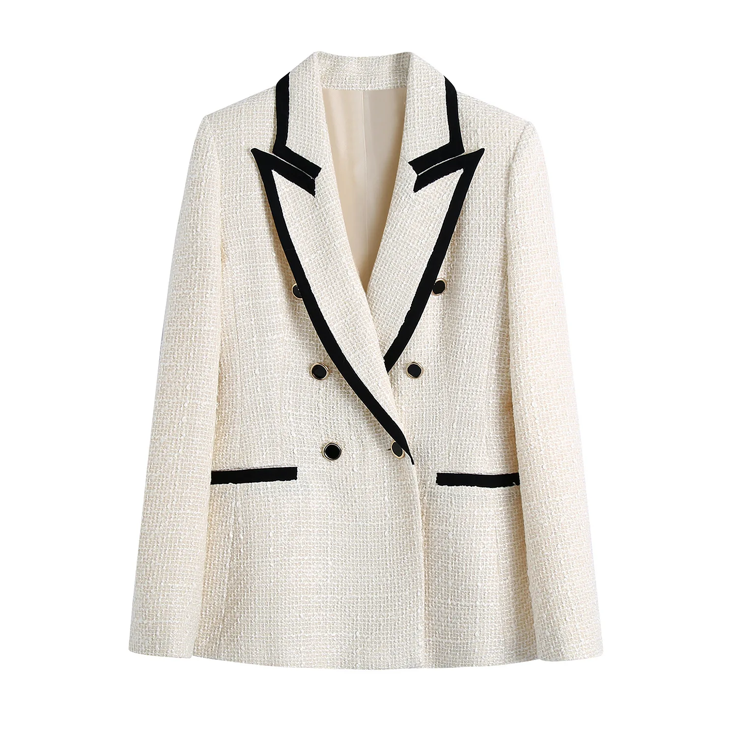 

Blazer Tweed Outerwear Check Jacket Women Breasted Female Chic Autumn Coat Double 2022 Fashion Pockets Vintage Long Sleeve