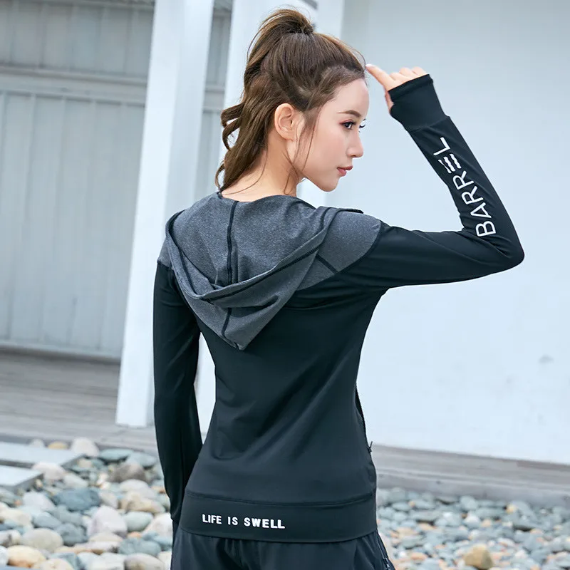 Women Sports Jackets Long Sleeve Hooded Fitness Shirts Tight Gym Training Running Sports Coat Sportswear Workout Yoga Top