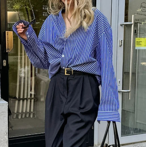 Уличный стиль женская мода синий и белый полосатый свободный кардиган рубашка