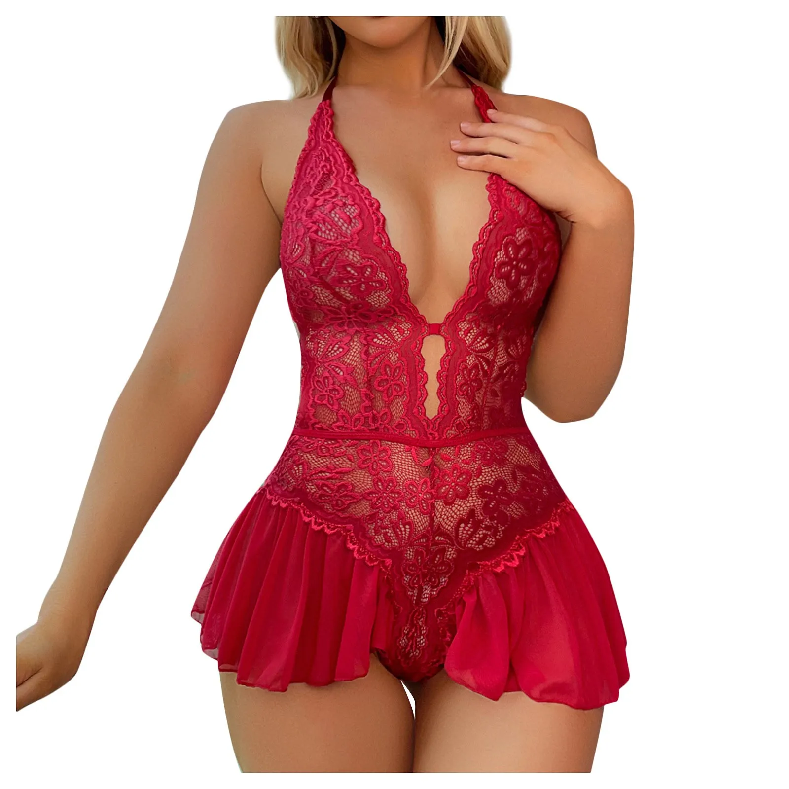 

Pajamas Lingerie Hollow See Through Teddy Bodysuit Lace Womens Bodysuit Sexy Lingerie Deep V Neck Jumpsuit Sexy Teddies Bodysui