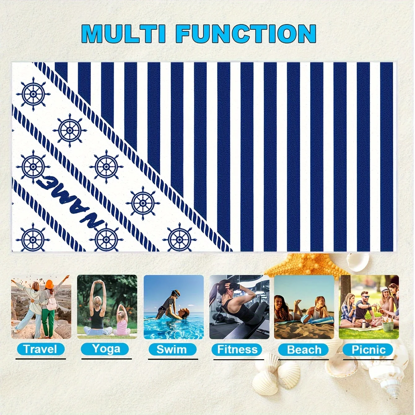 Оригинальное пляжное одеяло в темно-синюю полоску с именем супервпитывающее и