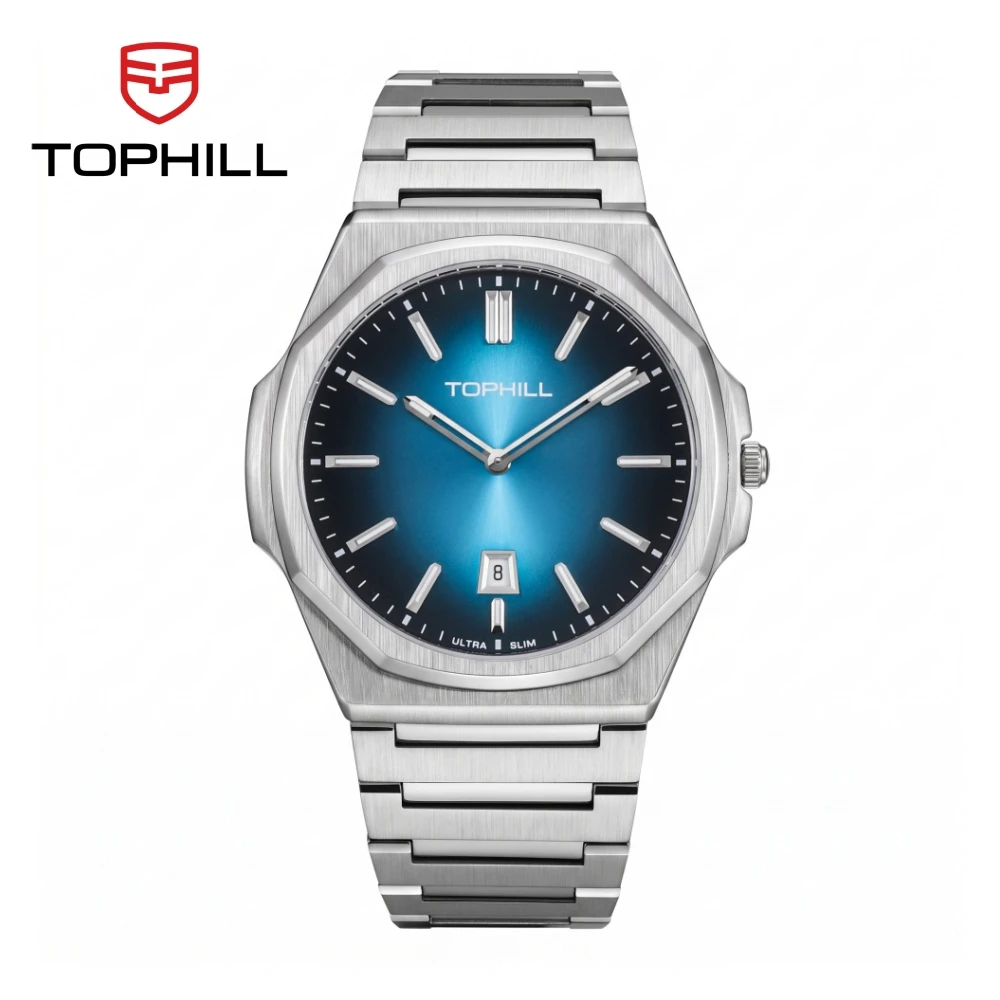Фото Мужские наручные часы TOPHILL 38,5 мм, ультратонкие, с кварцевым механизмом Miyota 9U15, двумя стрелками, циферблатом Sunray, светящимся покрытием C3, водонепроницаемостью 5ATM, сапфировым стеклом TW103G №1