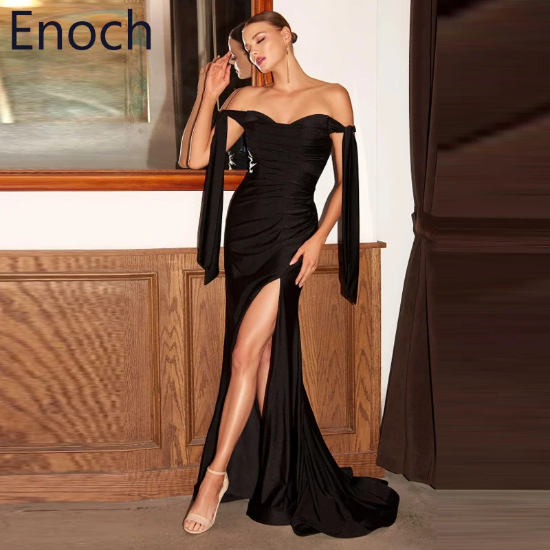 

ENOCH Simple Off Shoulder Sweetheart Evening Dress Satin Sheath Side Split Cocktail Prom Party Gown Vestido De Noche Sweep Train