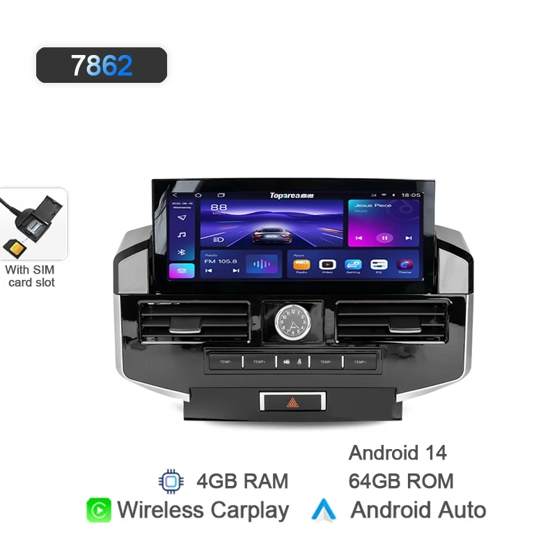 

7862 12,3 "Carplay автомобильный радиоприемник Android для Toyota Land Cruiser 200 LC200 2008-2015 GPS 12G 256 ГБ навигация стерео Bluetooth Wi-Fi