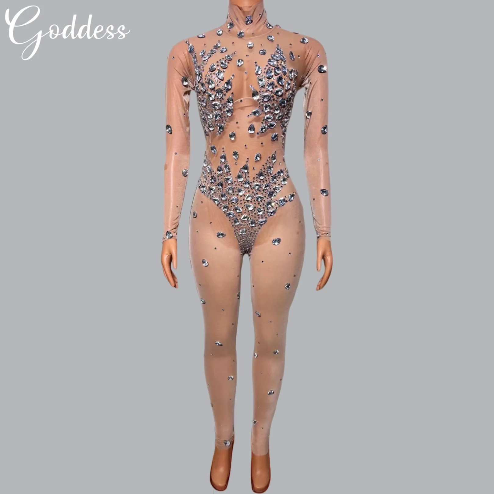 Блестящий женский комбинезон из прозрачной сетки телесного цвета