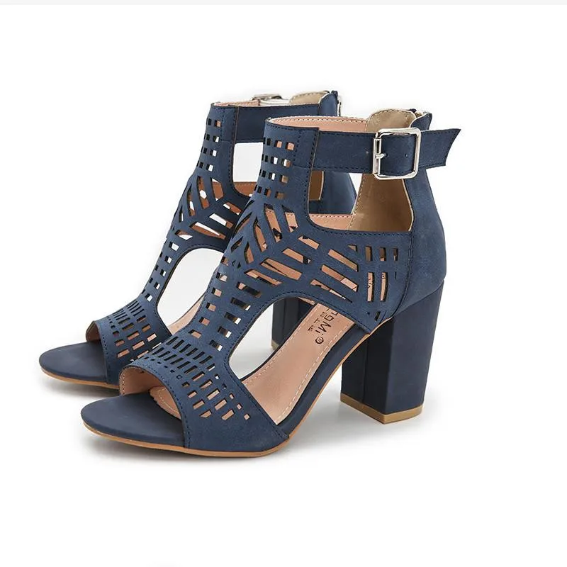 

2022 High Quality Leather Heels Women's Shoes Fashion Hollow Ladies Heel Sandals Comfortable Rome Women Sandals Peep Toe Shoes