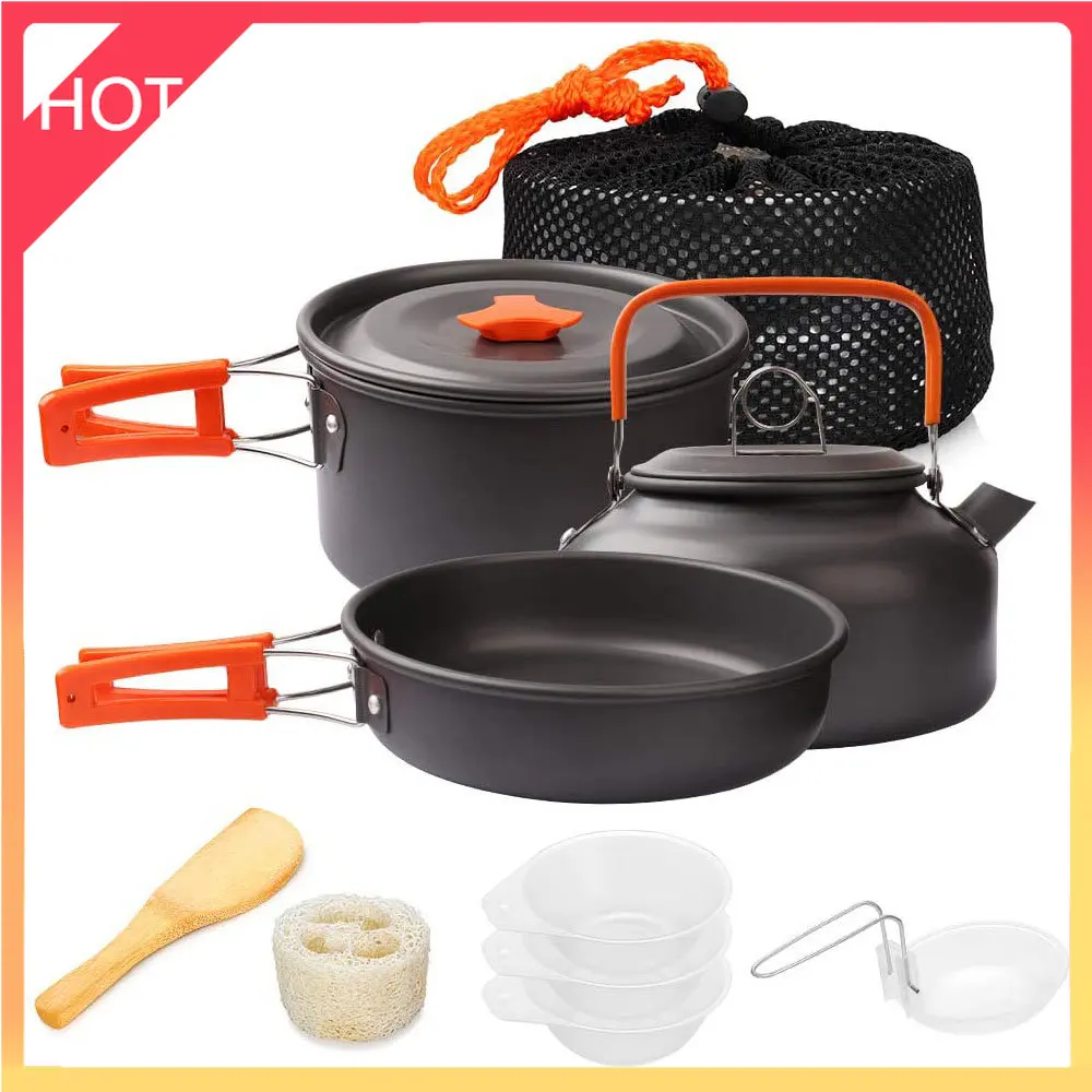 

Набор посуды для кемпинга, алюминиевый набор для приготовления пищи на открытом воздухе, чайник, сковорода, горшок, путешествия, туризм, пик...