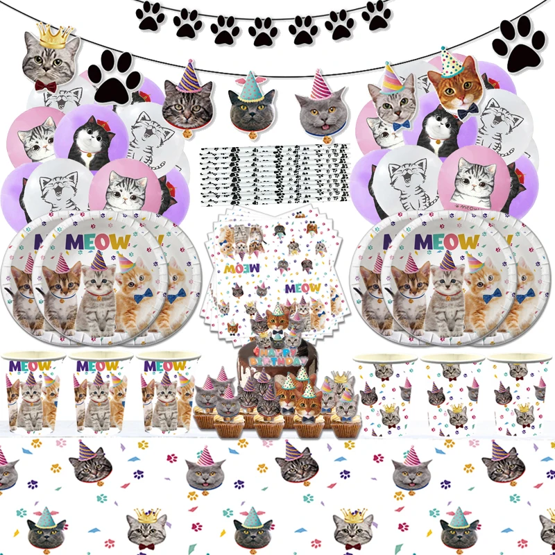 

Cat Party Supplies Plates Cutlery Balloons Birthday Decorations Set Kitten Party Disposable Cutlery Cat Birthday Banner Cupcake