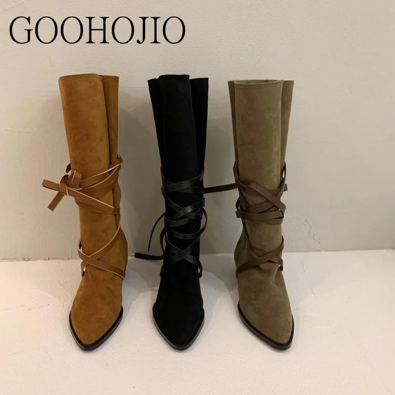 Новые модные женские повседневные сапоги замшевые уличные до середины икры