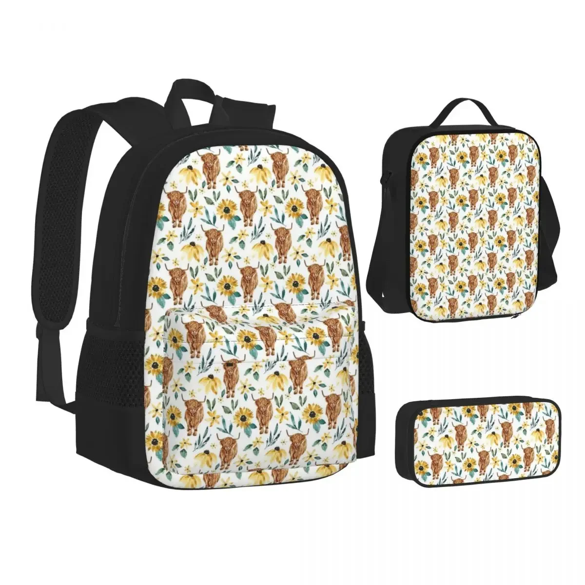 

Highland Cow And Sunflowers Backpacks Boys Girls Bookbag Children School Bags Kids Rucksack Lunch Bag Pen Bag Three-Piece Set
