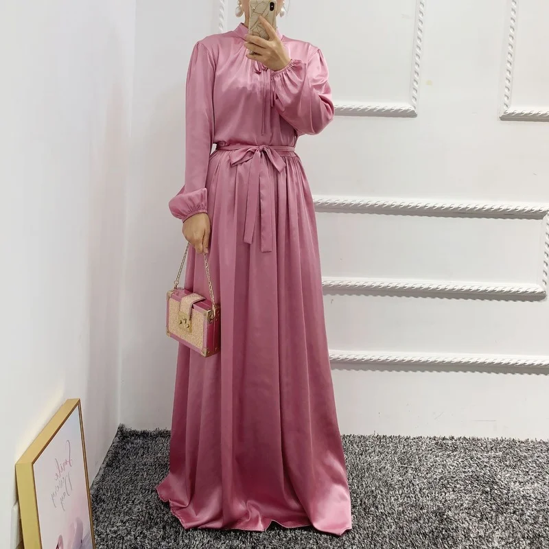 

Kaftan Abaya Dubai Arab Islamic Muslim Fashion Women Dress Soft Waist Dress Elegant Satin Dresses Femme Turkish Spring 2022 New