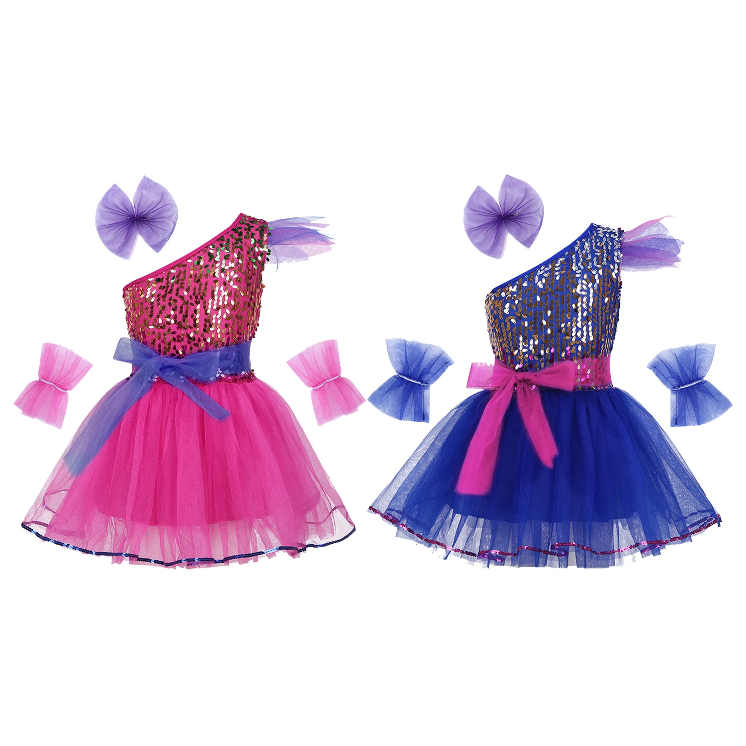 

Kids Girls Jazz Dance Costume Sequins Mesh Ballet Tutu Dress with Hairclip Wristband Belt Set for Modern Contemporary Dancewear