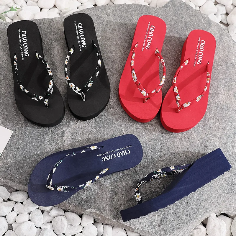 Summer Outdoor Beach Women's Flip Flops Fashion Bohemian Flowers Print Casual Comfortable Platform Wedges Slippers Women 2023