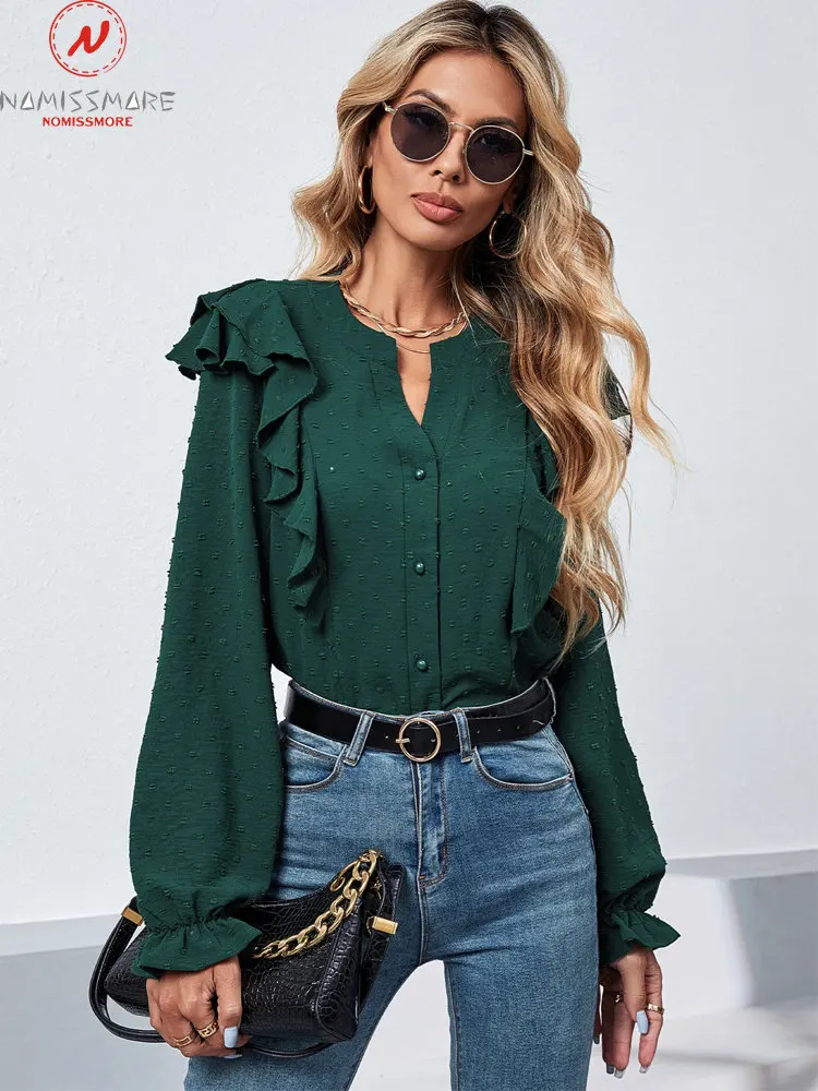 

Женские однотонные Жаккардовые Рубашки, элегантные однобортные дизайнерские Свободные повседневные кардиганы с оборками, V-образным вырезом и длинным рукавом, Топ