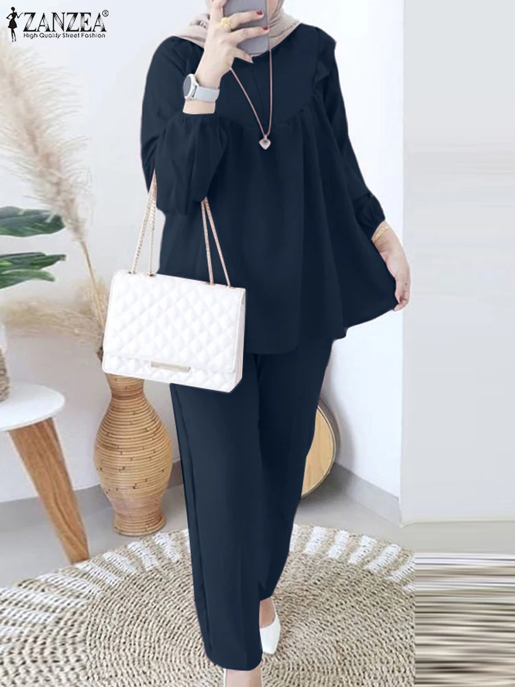 ZANZEA женские элегантные мусульманские комплекты исламская мода с оборками
