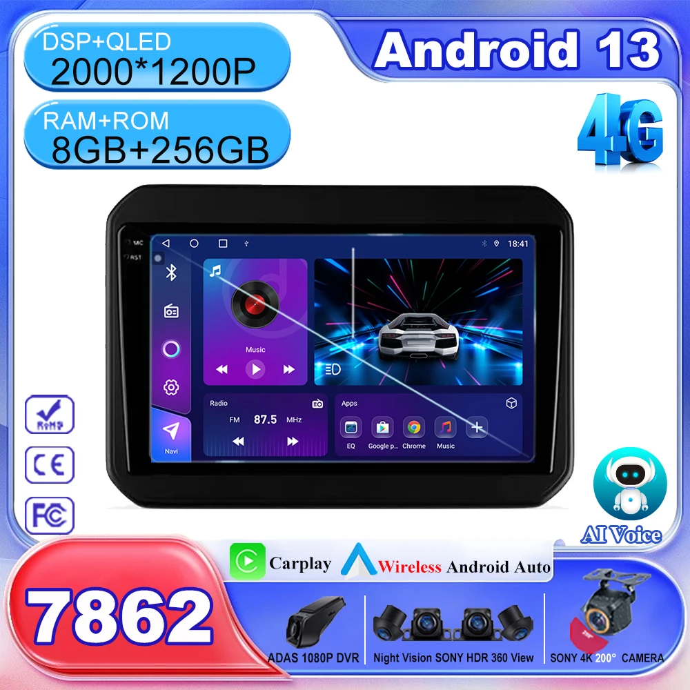 Беспроводной Carplay для Suzuki Ignis 2016-2020 Android 13 авто радио мультимедийный видеоплеер 5G