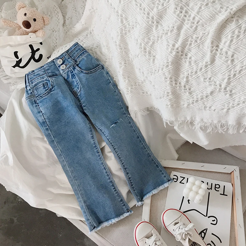 

2023 Korean Style Children's Spring Autumn Trousers High Waist Women's Jeans With Holes Casual Girls Clothes 2 To 8 Years Old