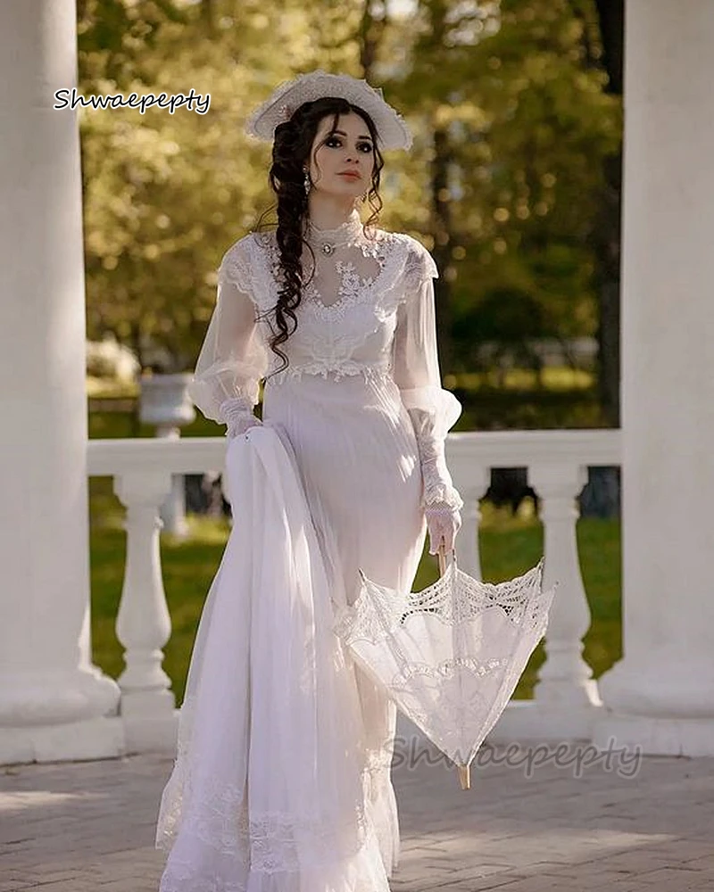 

Victorian Style A Line Wedding Dresses Long Sleeves High Neck Lace Appliqued Empire Waist Tulle Bridal Gowns Ivory Gothic Dress