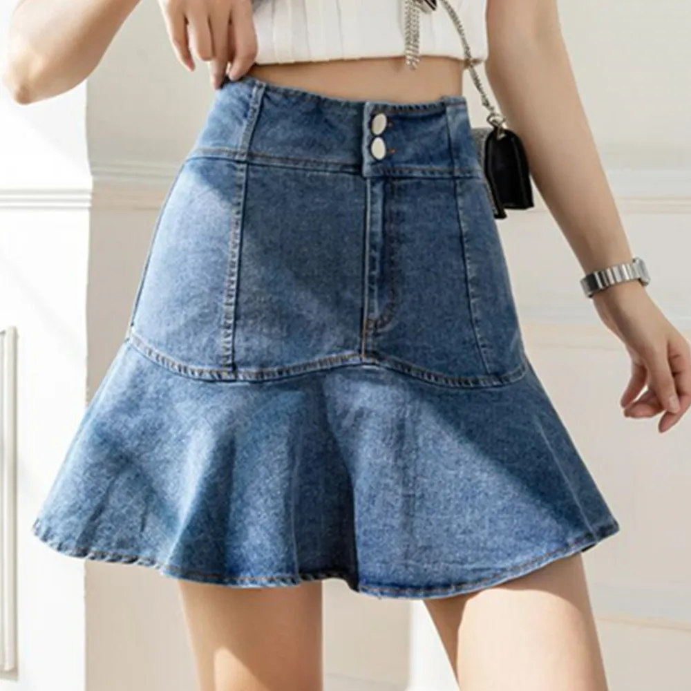 

Джинсовые мини-юбки в стиле панк с высокой талией и оборками на подоле, плиссированная однотонная Летняя мини-юбка, уличная одежда для девоч...