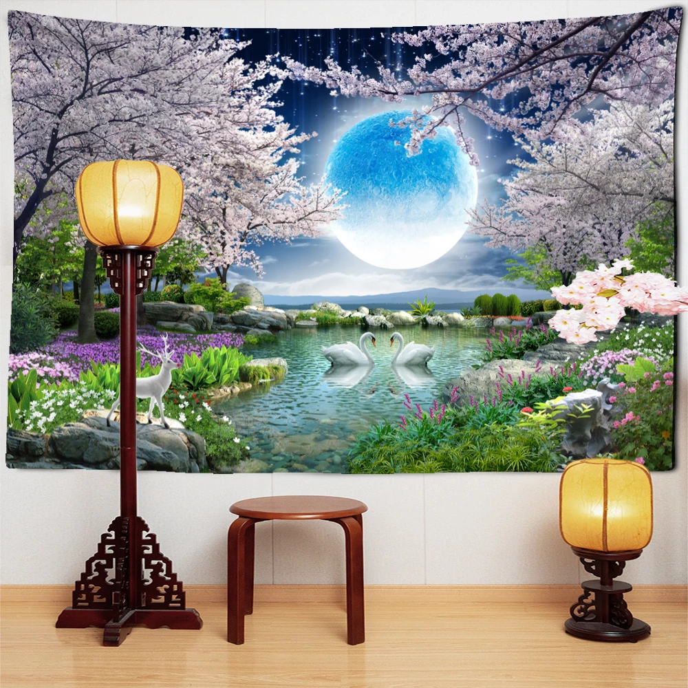 

Moonlight Night View Flower and Bird Painting Tapestry Wall Hanging Bohemian Peach Blossom Aesthetics Room Home Decor