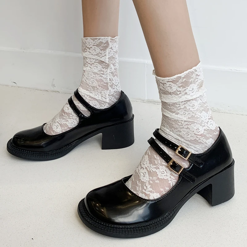 

Rimocy Black Double Buckle Mary Janes Shoes for Women Patent Leather High Heel Pumps Woman Shallow Round Toe Student Shoes Mujer