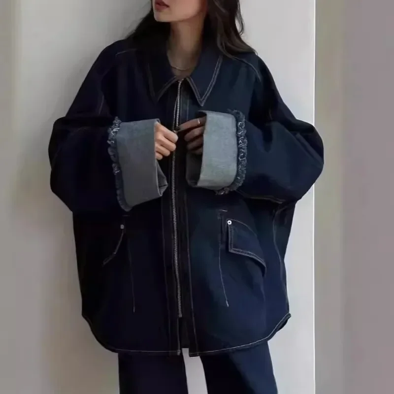 Японская джинсовая женская верхняя одежда 2025 года с лацканами и длинными