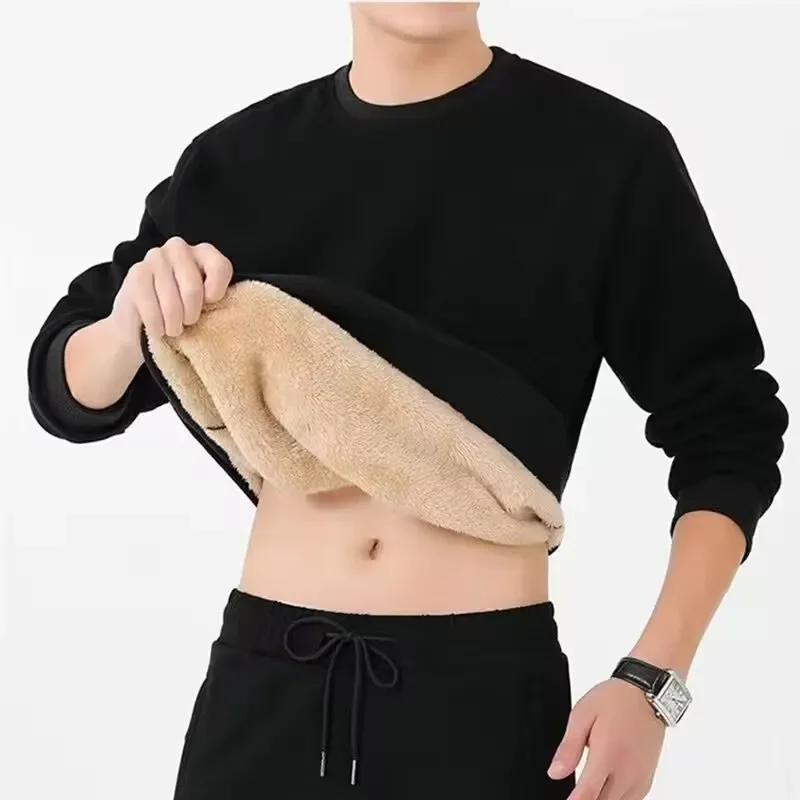 Мужская осенне-зимняя утолщенная толстовка с круглым вырезом на флисовой